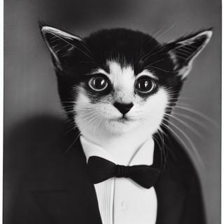 a black and white medium format 85mm portrait photograph of a kitten in a tuxedo on his way to a funeral, high quality photo, highly detailed, edward weston, agfa isopan iso 25, pepper no. 35 -s75 -b1 -W512 -H512 -C9.0 -S3998562582